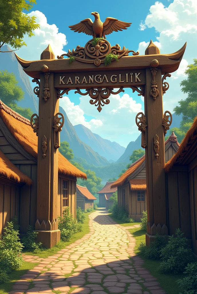 Draw me an illustration of a village with a gate in front with a symbol in the shape of an eagle and the words Karangaglik