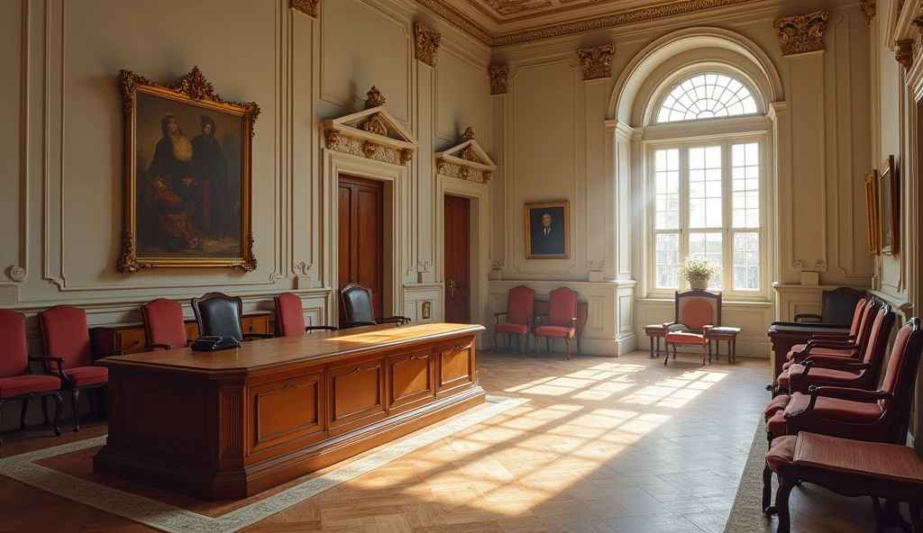 A painting with a law theme, with a Renaissance style including a luxurious legal court, use Monet's paintings as a base and leave the ambience of the image with light and soft tones, use pastel and very light tones, mais claro bem mais claro, utilize as pinturas de monet