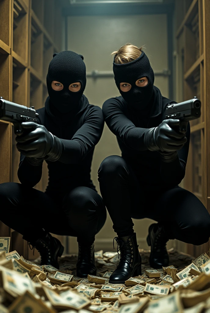 scarlett johansson et natalie portman qui fait on braquage dans un coffre renplirr de bauecou argent avec elle porte une cagoule et elle porte des gants en cuir et elle porte des bottes en cuir et duex pistolet 