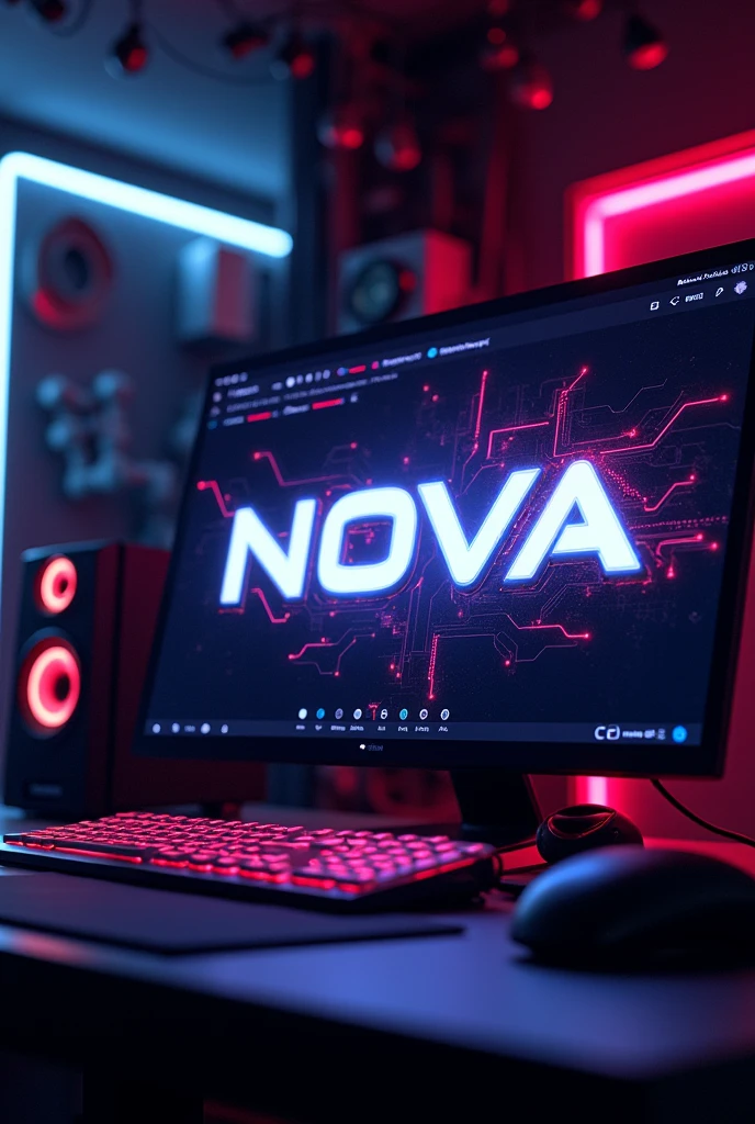 Make a gaming setup photo for youtube show the name "NOVA". In the size is 1546px by 423px.