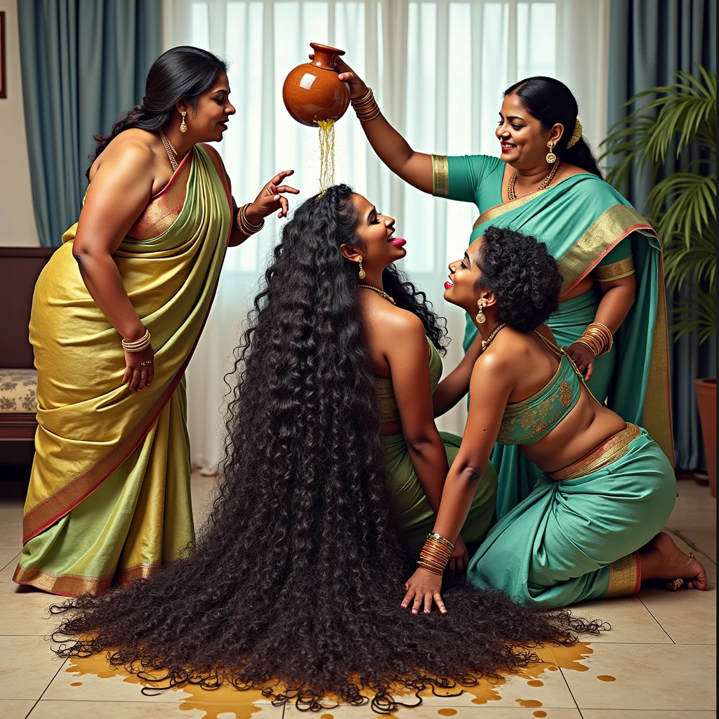 In a luxurious, brightly lit modern Indian office, four middle-aged Indian women—Mina, Vina, Ruba, and Lina—are present, all wearing sarees and possessing perfectly curvy figures. Their 3C curly hair, resembling long, thick, black noodles, extends down to their knees. Mina and Vina have already taken an oil bath, and their slicked-back 3C curls are styled into large, oily buns. Both are kneeling and assisting Ruba, who is currently receiving an oil bath. Ruba kneels with her head tilted back, her heavy, Rapunzel-like 3C curls flowing in one thick stream over the floor. This is her second oil bath, and her curls are thoroughly drenched in oil. As the oil drips through her hair, Ruba opens her mouth and sticks out her tongue. Mina kneels behind Ruba, helping to support her as she leans back. Lina, who has already had her oil bath, feels a surge of sensuality towards Ruba. Lina kneels and bends forward, her tongue outstretched as she moves in to kiss Ruba. At the same time, Vina, holding a large clay pot, pours oil over Ruba's head, her hand reaching to grab and pull back Lina's hair. The excess oil from Ruba's curls spills outwards onto the floor, creating a slick, oily pool around them.
(IMAGE PROMPT MIDDLE-AGE ALL LADIES KEEPING ALL IMAGE PROMPT PARAMETERS SAME),((Perfect Color Grading))
