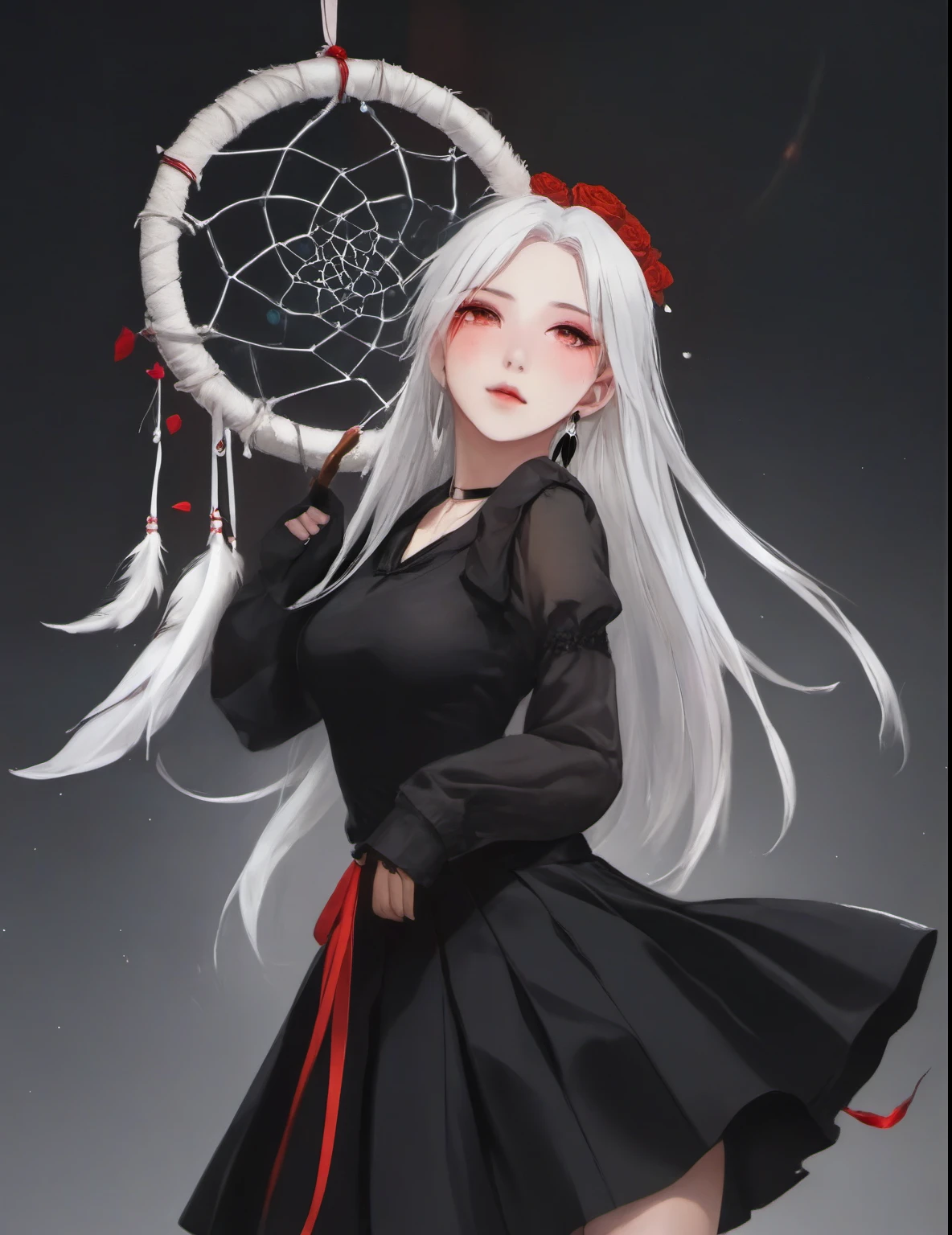 (best quality, masterpiece), (1 Girl, Solitary, Black skirt, permanent , Looking at the audience, White hair, Red Eyes, Holding a rose, Shut up, Upper Body), (There is a red dream catcher behind, safflower, )