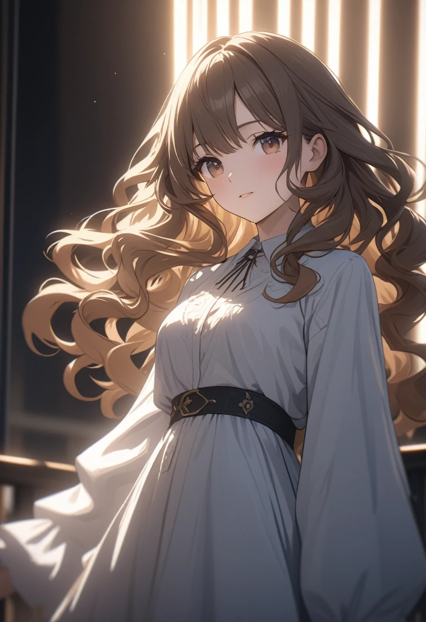 (Highest quality:1.5, High resolution, 超High resolution, 4K, Detailed lighting, Shaders), Brown wavy hair, Gradient Hair, Women&#39;s small shirts, Small skirt, White panties, White Skirt, (throw), whole body, White Background, Colorful eyeshadow, Dramatic lighting, Sparkling eyes, Confident expression, Gold earrings, Flowing Hair, Delicate facial features, Soft Skin, high cheekbones, Stylish clothes, urban environment, , Back photo,walk, White Background