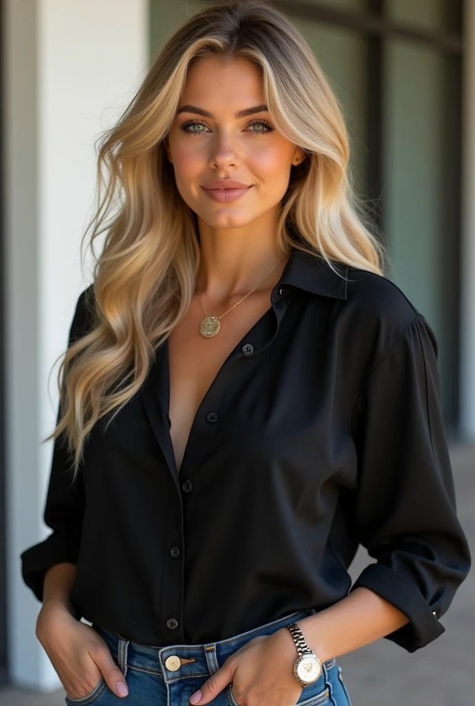 ((Long shot)) Blonde influencer with long, naturally wavy hair, Average height, she has big breasts, corpo fitness, she wears a sexy black blouse, Combines classic streetwear pieces, Like sneakers, moletons ou jeans, with high quality accessories , like designer bags or luxury watches, to create a modern and elegant look, comely, 8k, super verbose, realisitic, details Intricate, realisitic skin texture, realisitic hair, texture, fun, 8k uh, best qualityer, high resolution , attention to the details, very big tits, Long Range, wide angle