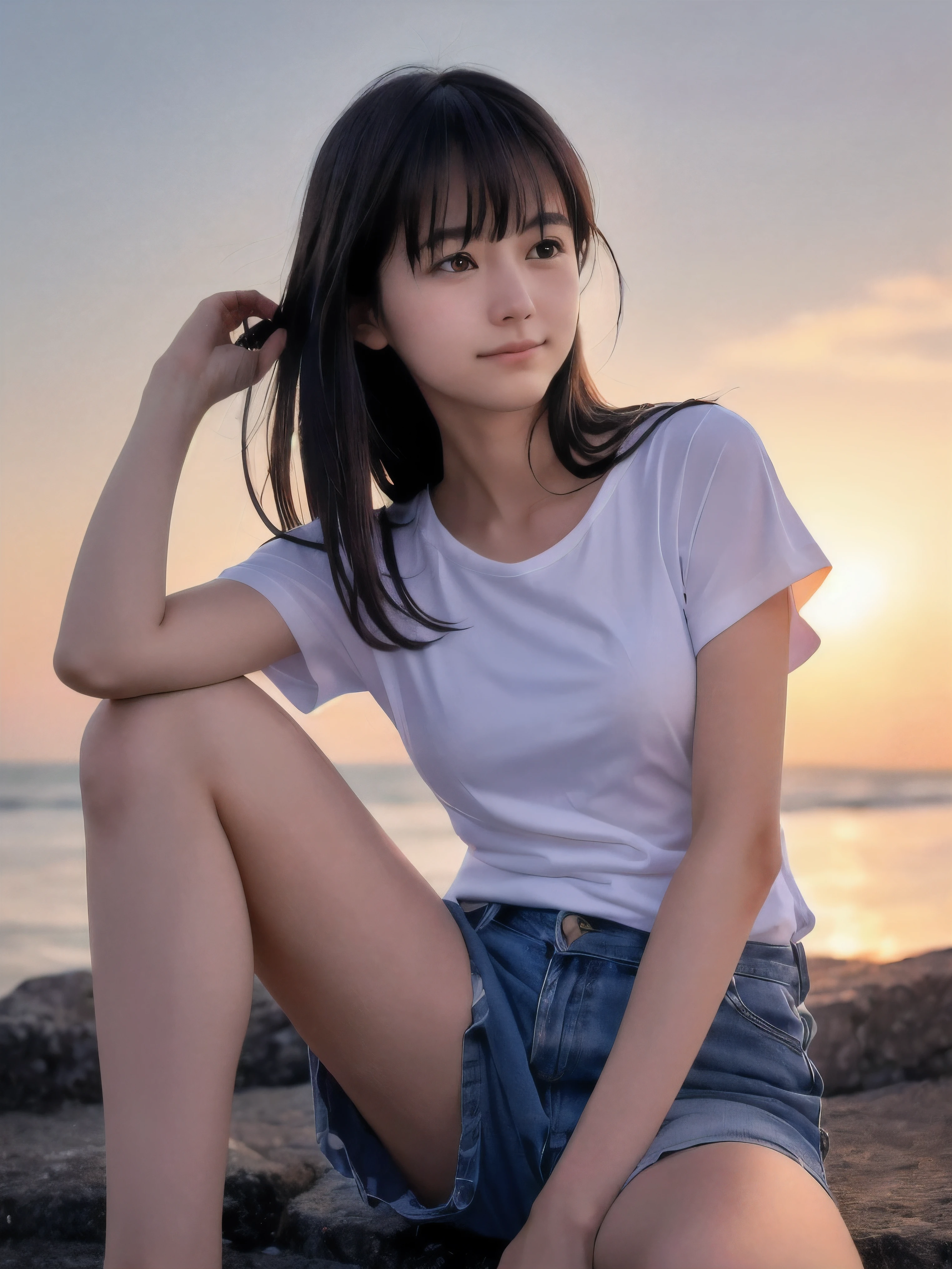 (Close up face shot of slender small-breasted half up brown long hair with bangs girl wearing a white T-shirt only:1.5)、(One girl is turn around and lonely little smile with tears on the coast in Japan:1.5)、(Beautiful after sunset red sky with red big cloud:1.5)、(blurred background:1.5)、(Natural light:1.5)、(8k ultra detailed master piece:1.5)、(perfect anatomy:1.5)、(Photorealistic stick:1.5)、(Raw photo:1.3)、(highest quality:1.5)、(High resolution:1.3)、(Delicate and beautiful perfect face:1.3)、(Delicate and beautiful eye air skin:1.3)、(Real Human Skin:1.3)、((thin legs))