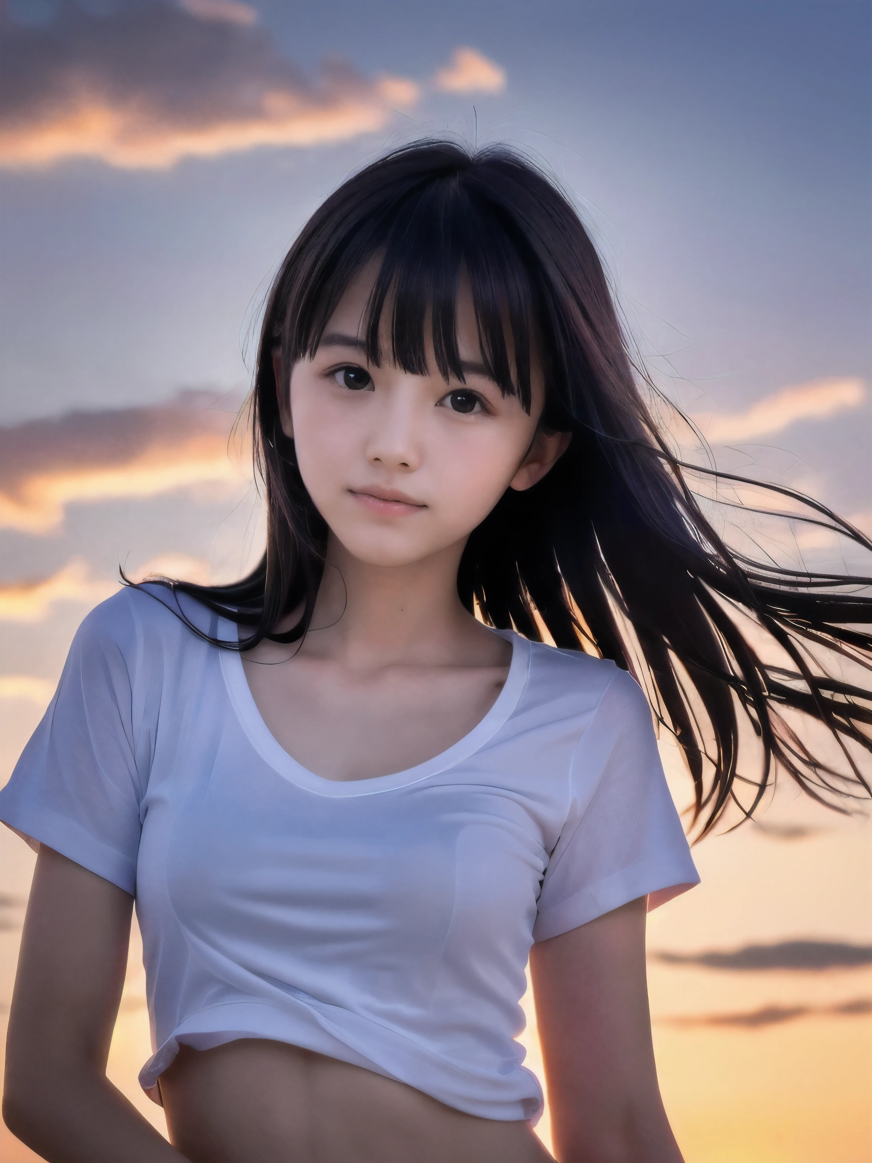 (Close up face shot of slender small-breasted half up brown long hair with bangs girl wearing a white T-shirt only:1.5)、(One girl is turn around and lonely little smile with tears on the coast in Japan:1.5)、(Beautiful after sunset red sky with red big cloud:1.5)、(blurred background:1.5)、(Natural light:1.5)、(8k ultra detailed master piece:1.5)、(perfect anatomy:1.5)、(Photorealistic stick:1.5)、(Raw photo:1.3)、(highest quality:1.5)、(High resolution:1.3)、(Delicate and beautiful perfect face:1.3)、(Delicate and beautiful eye air skin:1.3)、(Real Human Skin:1.3)、((thin legs))