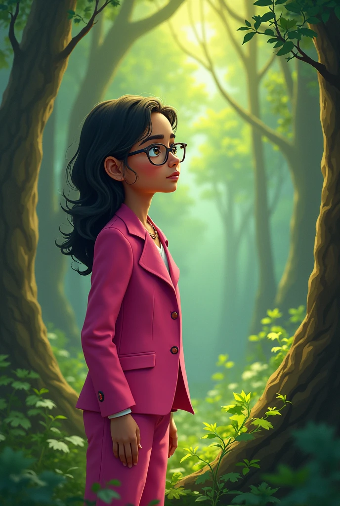A   Indian girl  wearing pink suit round spectacles.  forest  Taking side view .