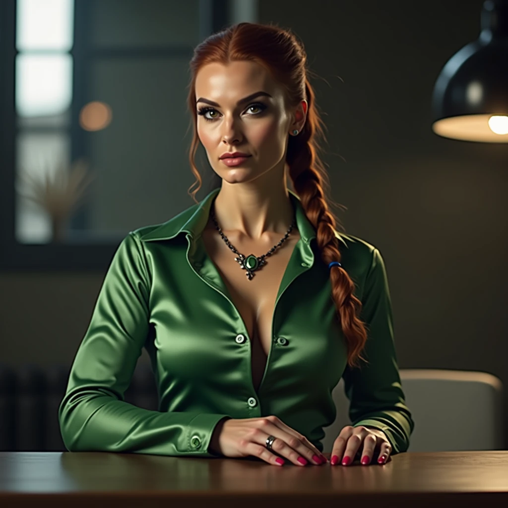 Beautiful Evil Muscular bodybuilder, green satin button blouse, evil expression, big breasts, cleavage, tight braided ponytail