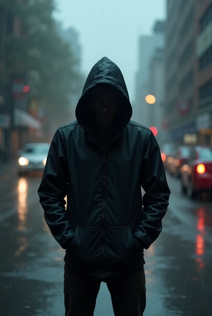 a man in a black hoodie alone in the rain