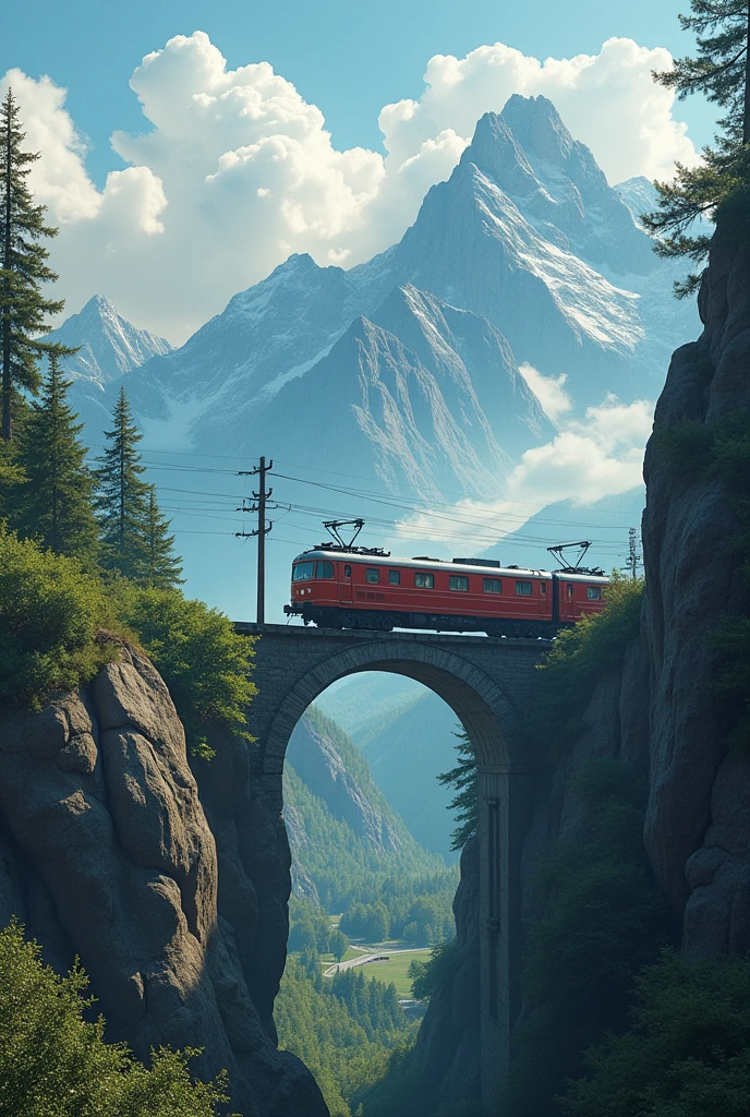 The train flies from the mountain