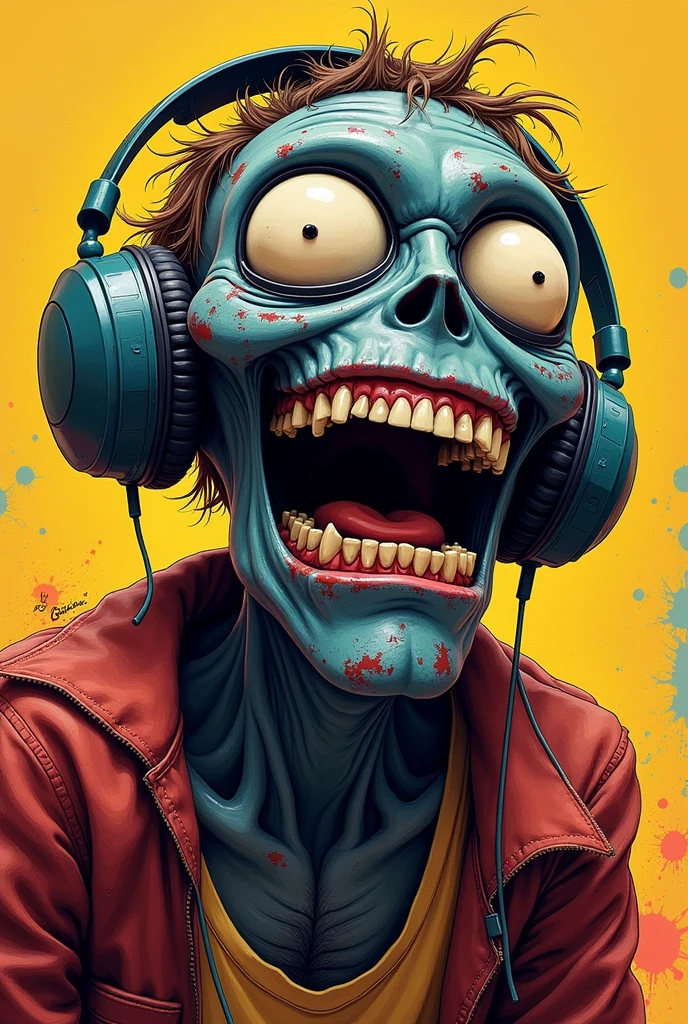 Tuckism Style, Laughter, Happy Zombie with headphones, Creature Models, Primitive Style, Unconventional configuration、Splashes of color、Colorful painting, High resolution, Black man