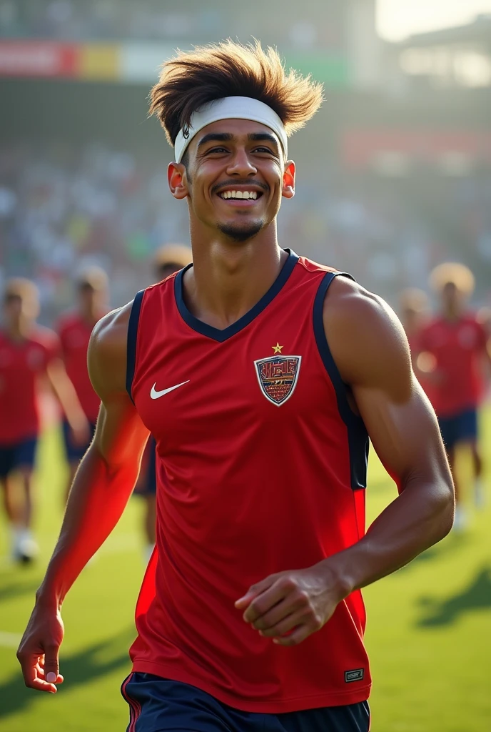 Create A football player with straight hair wearing a thin white men's sports headband, 17 year old tall white spanish guy with happy face wearing a red training vest, in a background with a training field along with other players in the background