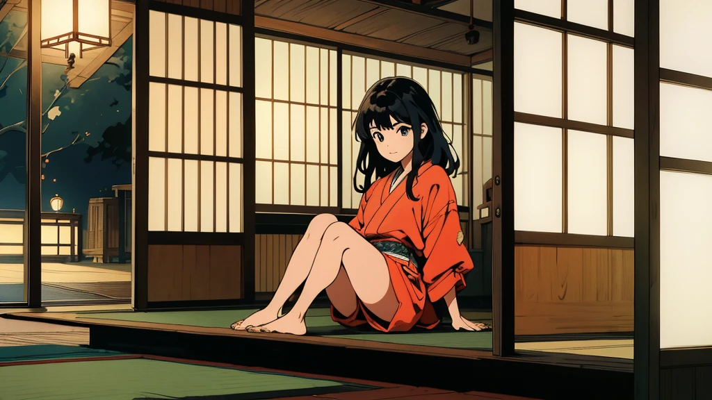 A girl sitting at a traditional tatami room, with paper lanterns and sliding doors, enjoying her music.