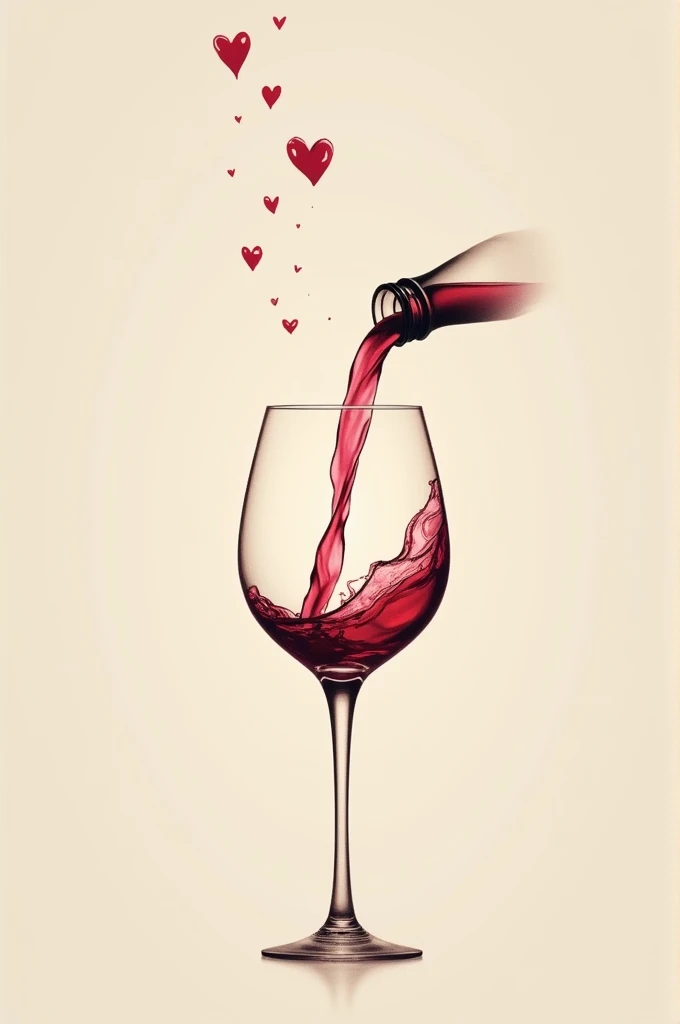 A couple tattoo design showing a tilted wine bottle, pouring red wine into a glass. The wine flows elegantly from the bottle, and some splashes in the air form small, delicate hearts. The style is minimalist, with fine and elegant lines. Hearts formed by splashes have an artistic touch, symbolizing the love shared between the couple.