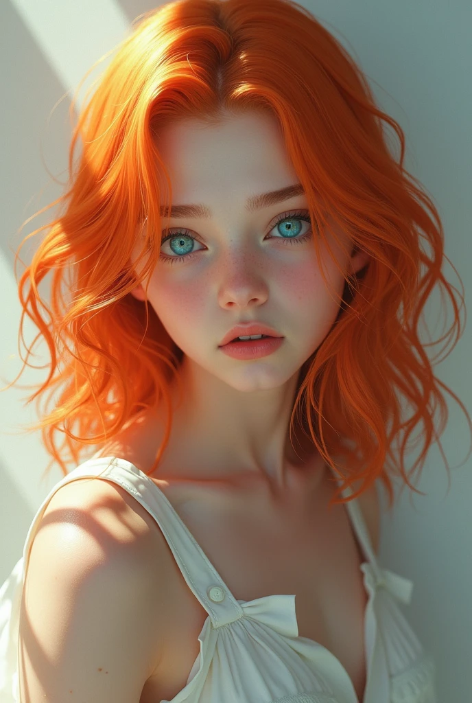 Create a young man with long orange hair.  With aquamarine blue eyes
