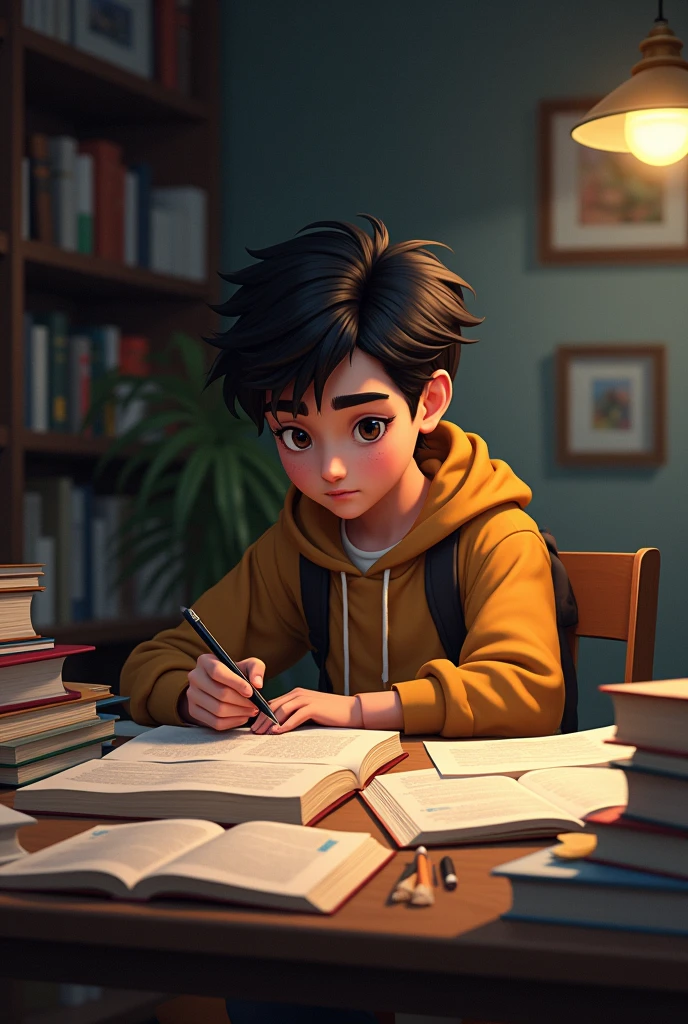Create the image of a student sittibg at a desk,surrounded by books and paper.The student has determined expression on their face as they study drawing