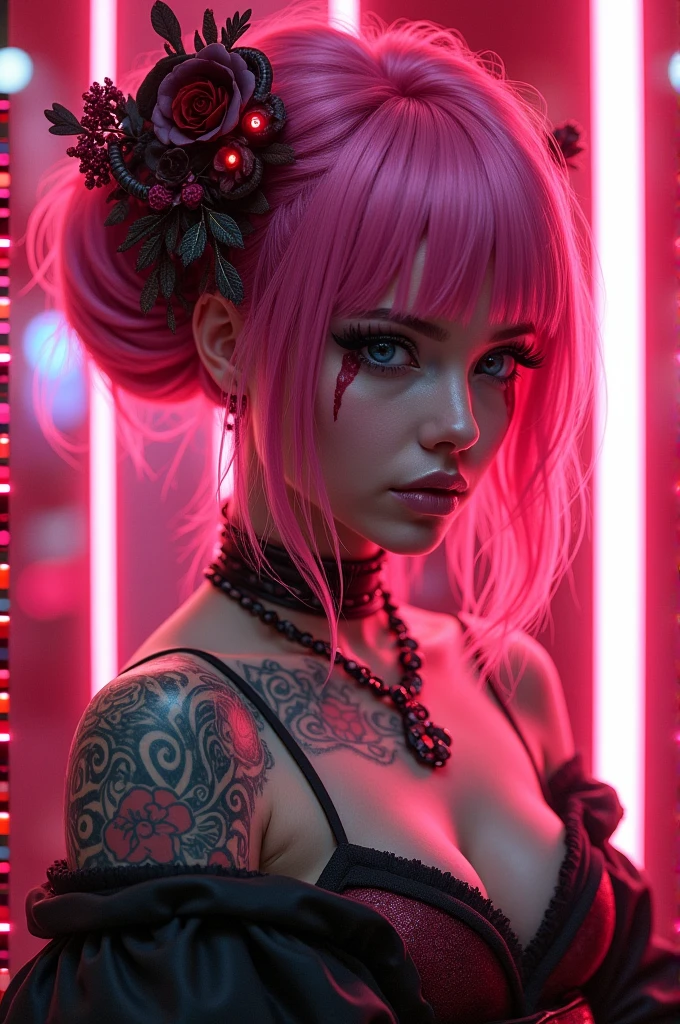 geisha. pink hair. cyberpunk. Red and white background. tattooed