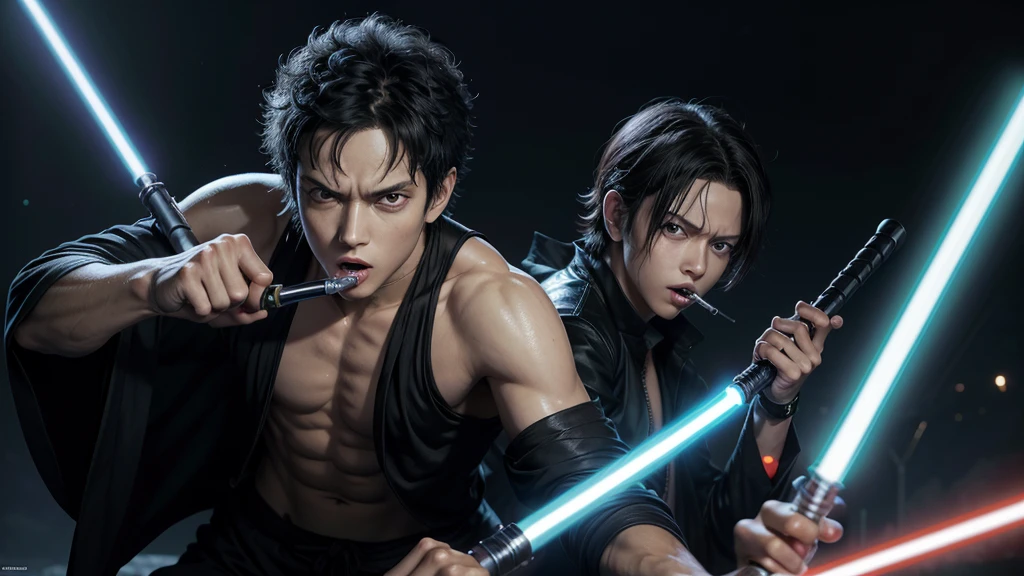 mantra, anime generation, one piece ,roronoa Zoro em Um remake do filme Star Wars, SMB art style, ample, using lightsabers in your mouth,three swords style after midnight, tenebrosa, lightsaber lighting, Zoro