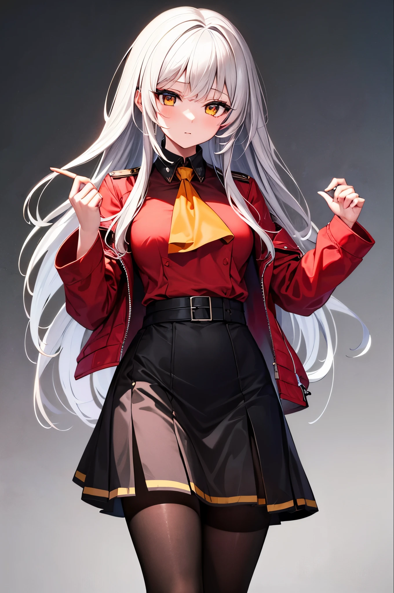 One girl, masterpiece, 最high quality, high quality, Olga_Marie, white_hair, orange_eye, LONG hair, eyeの間の毛, Long sleeve, Jacket, Red Ascot, dress, skirt, pantyhose, 長いhair, Cowboy Shot,