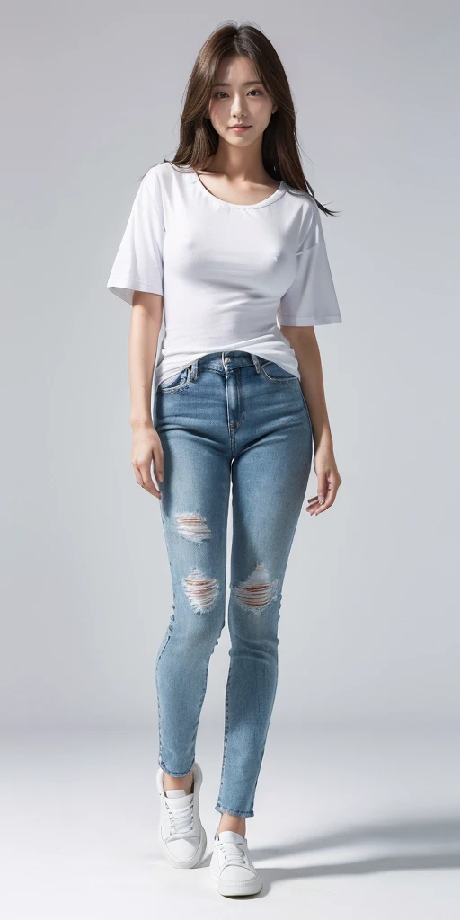 (full body:1.5), 1girl, long hair, ((Wearing a white T-shirt:1.5)), (Small breasts:1.5), Wearing denim pants, Highest quality, figure, Super detailed, Fine details, High resolution, 8k wallpaper, Perfect dynamic composition, Beautiful attention to detail, A woman with a slightly young face, that's pale face, Small and cute nose, , cute double, round face, Baby Faceightly apart, Brown hair long, (Has bangs:1.4) Small breasts and natural colored lips, smile, harajuku, 20-year-old girl, Wearing a white T-shirt and long denim pants, Brown hair long, reaching down to the chest, The shoes worn are sneakers, Height is 155cm