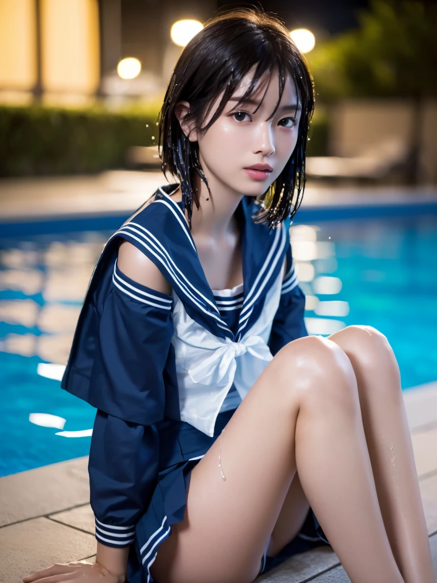 (masterpiece:1.2), Very detailed, Ultra-high resolution, (Realistic, photo Realistic:1.6), High-resolution RAW color photos, Professional photos, Sharp focus:1.2, (Very detailed顔と肌の質感, Very beautiful eyes, Glossのある肌, Glowing Skin, Glowing Skin, Shining Face, Gloss, Oily skin, greasy face, Oily skin, greasy face,),, (real Glossのある肌 texture), Perfect Anatomy, Very detailed背景,(Pool at night),1 female,25-year-old woman, Japanese women,Height: 168cm,(short hair, Straight hair, bangs, Brown Hair),((Flat Chest:1.6)),(Slender legs), ((((White short-sleeved sailor suit、Navy blue pleated skirt:1.5、Perfectly detailed sexy thong panties under skirt))),(Sit with your knees up:1.4)、(((Wet and sheer sailor suit:1.4))),Invite to sex