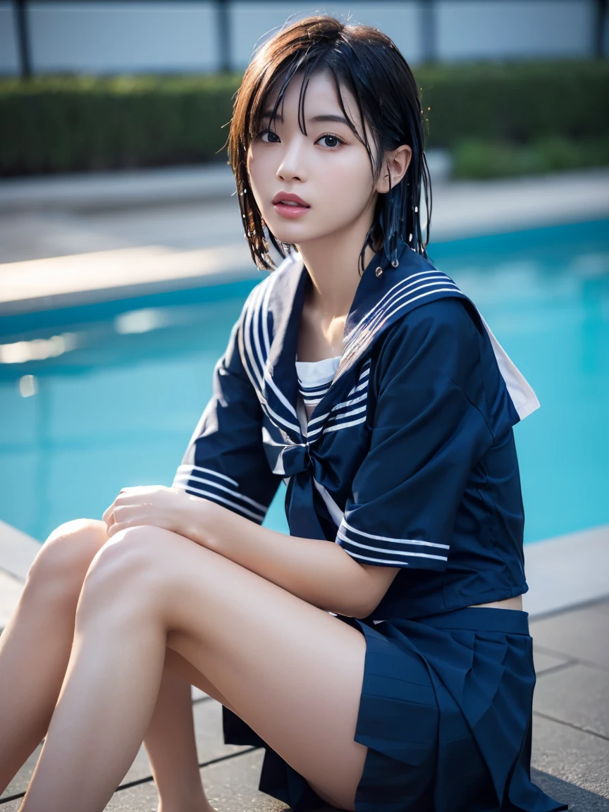 (masterpiece:1.2), Very detailed, Ultra-high resolution, (Realistic, photo Realistic:1.6), High-resolution RAW color photos, Professional photos, Sharp focus:1.2, (Very detailed顔と肌の質感, Very beautiful eyes, Glossのある肌, Glowing Skin, Glowing Skin, Shining Face, Gloss, Oily skin, greasy face, Oily skin, greasy face,),, (real Glossのある肌 texture), Perfect Anatomy, Very detailed背景,(Pool at night),1 female,25-year-old woman, Japanese women,Height: 168cm,(short hair, Straight hair, bangs, Brown Hair),((Flat Chest:1.6)),(Slender legs), ((((White short-sleeved sailor suit、Navy blue pleated skirt:1.5、Perfectly detailed sexy thong panties under skirt))),(Sit with your knees up:1.4)、(((Wet and sheer sailor suit:1.4))),Invite to sex