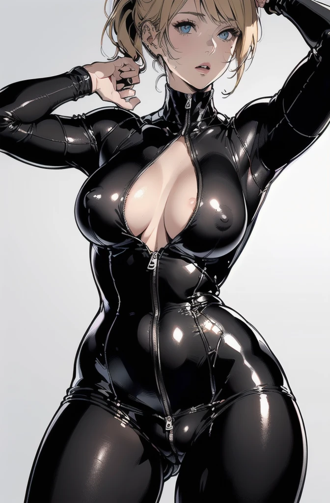 blonde, blue eyes,ponytail, Beautiful woman showing her naked body,Black tight fitting clothing((Fully unzip the garment)),Too much exposed skin,Big Breasts,Back exposed((Highly realistic shading, masterpiece, Very detailed, Realistic,Tight waist,,Perfect body,Unzipping clothes,Nipples are visible,Hidden parts are visible,