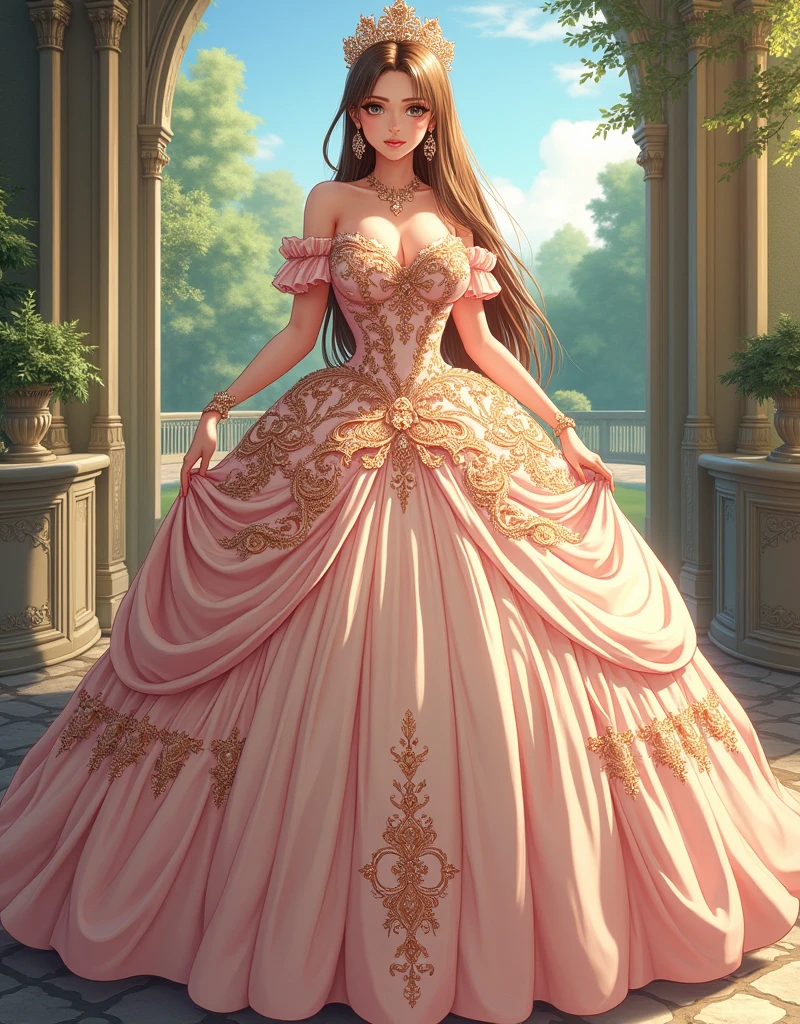 ((moe anime artstyle)),((Masterpiece)),(Best Quality),((Super Detail)),((Very Delicate and Beautiful)),Solo,full body,((full body portrait)),absurdly gigantic tits,(((1 bling-bling princess in beautiful embroidery and jeweled gorgeous rococo ballgown with voluminous full length crinoline hoop skirt))),(((((absurdly gigantic tits,curvy))))),deep cleavage,Skindentation,(detailed face and eyes),jewel-like eyes,((absurdly long Straight hair)),extremely gorgeous hair ornament,((extremely gorgeous big tiara)),luxurious jewelry,((beautiful embroidery and jeweled gorgeous rococo ballgown with voluminous full length crinoline hoop skirt)),(((((absurdly gigantic tits))))),standing pose,palace garden,Looking at viewer,full body