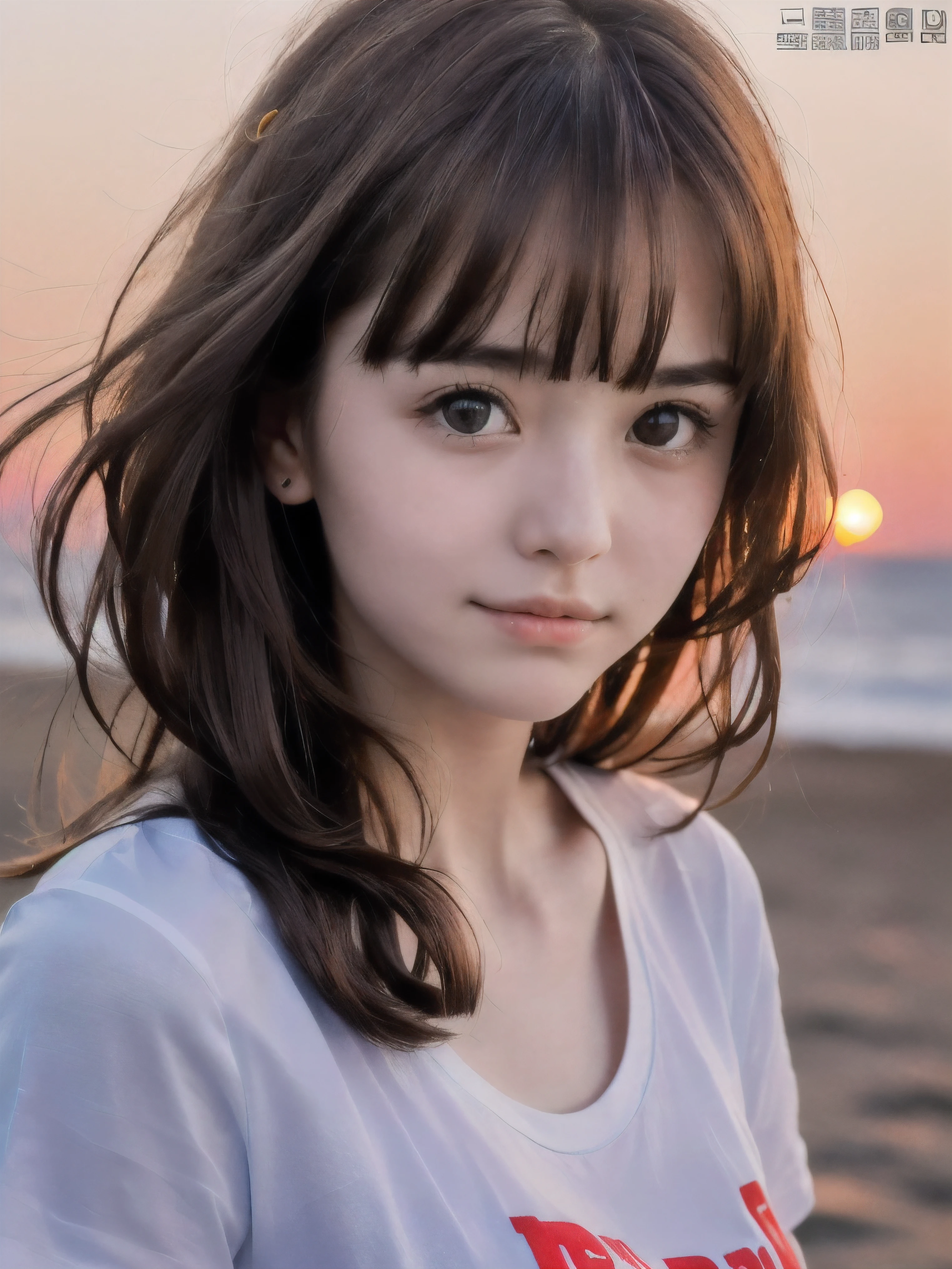 (Close up face shot of slender small-breasted red brown wavy long hair with dull bangs girl wearing a white T-shirt:1.5)、(One girl is looking back and lonely little smile with tears on the coast in Japan:1.5)、(Beautiful after sunset red sky with big red cloud:1.5)、(blurred background:1.5)、(Natural light:1.5)、(8k ultra detailed master piece:1.5)、(perfect anatomy:1.5)、(Photorealistic stick:1.5)、(Raw photo:1.3)、(highest quality:1.5)、(High resolution:1.3)、(Delicate and beautiful perfect face:1.3)、(Delicate and beautiful eye air skin:1.3)、(Real Human Skin:1.3)、((thin legs))