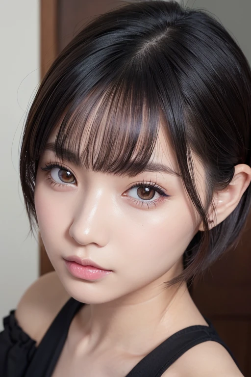 A highly detailed and high-resolution. She has a small, delicate face with a slightly cat-like appearance. Her eyes are large, black, and slightly upturned, giving a mysterious and captivating look. She has a small, well-defined nose and a small, elegant mouth. Her skin is smooth and fair, with a subtle glow. Her makeup emphasizes her eyes, with bold eyeliner and a touch of mascara to enhance her natural beauty. Her lips are painted with a soft, natural pink color. Her hair is styled in a sleek, shoulder-length bob, with a slight wave. She is wearing a fashionable outfit that complements her sophisticated and chic style. The background is simple and neutral to keep the focus on her face.