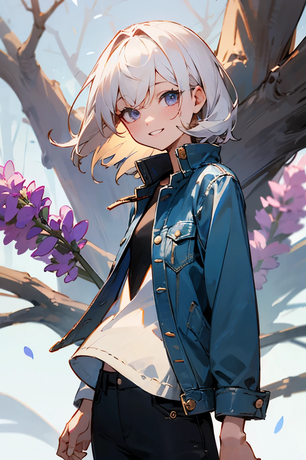 (masterpiece), best quality, BREAK, expressive eyes, (perfect face), 1woman, BREAK, (medium hair, white hair), BREAK, (lavender eyes, detailed eyes), BREAK, (happy smile) BREAK, (short heigh), BREAK, (denim jacket), BREAK (black pants) , BREAK, (black vans), BREAK, (forest), BREAK, (standing), (looking at viewer), (view from front)