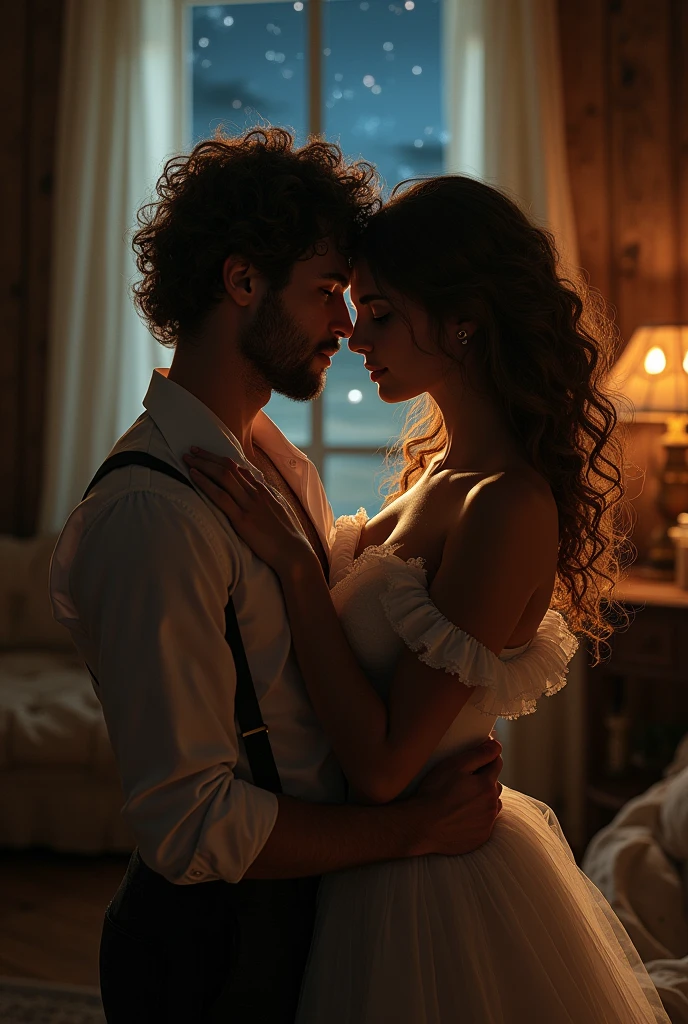 a romantic intimate encounter between a man and curly haired woman in an attic under the moonlight, extremely detailed eyes, lips, and faces, realistic, high quality, เปลือยเปล่าท่อนบน, portrait style, soft warm lighting, mystical atmosphere with shadows and dust, nostalgic antique furniture, comfortable sofa, whispers of love, gentle touch and embrace, topless, stars in the night sky, chiaroscuro, ท่อนบนไม่สวม, ท่อนบนเปลือย, cinematic, dramatic lighting, moody, atmospheric, intimate, sensual, romantic, passionate, tender, moonlight glow, natural skin tones, detailed fabric textures, elegant poses, intricate details, photorealistic, volumetric lighting, dramatic shadows, mystical, dreamlike