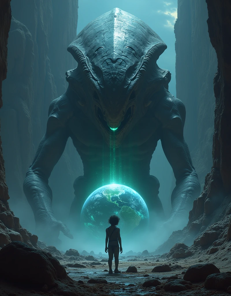 An alien creature from a galaxy far, far away，Demonstrates impressive supernatural abilities，This entity is shrouded in an aura of mystery and power.，Radiating dazzling energy and distinctly non-human features。Its sharp eyes look down upon the earth，Absorb the complexity of human culture and life。This scene is set against the backdrop of a vast, dark universe and mysterious alien structures.，The dark background further highlights the strangeness and huge size of the alien creatures.，The tiny earth is illuminated，Showing its beauty and diversity，This alien is unlike any life form on Earth，Standing in front of a large Zerg-style spaceship，This spaceship is StarCraft style，Alien beauty，The edges are uneven，Unique structure，As if there is life
