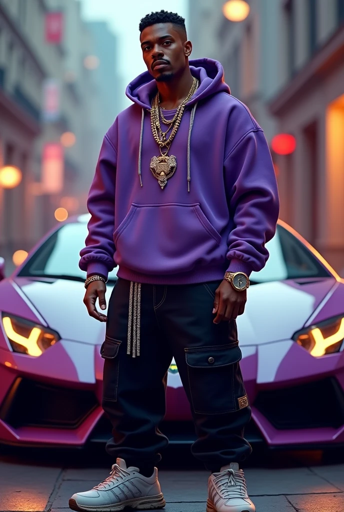 A cute raper with a mustache putting on black sagging sweatpants and a purple hoodie wearing diamond chains and luxurious watches in front of Lambogini

