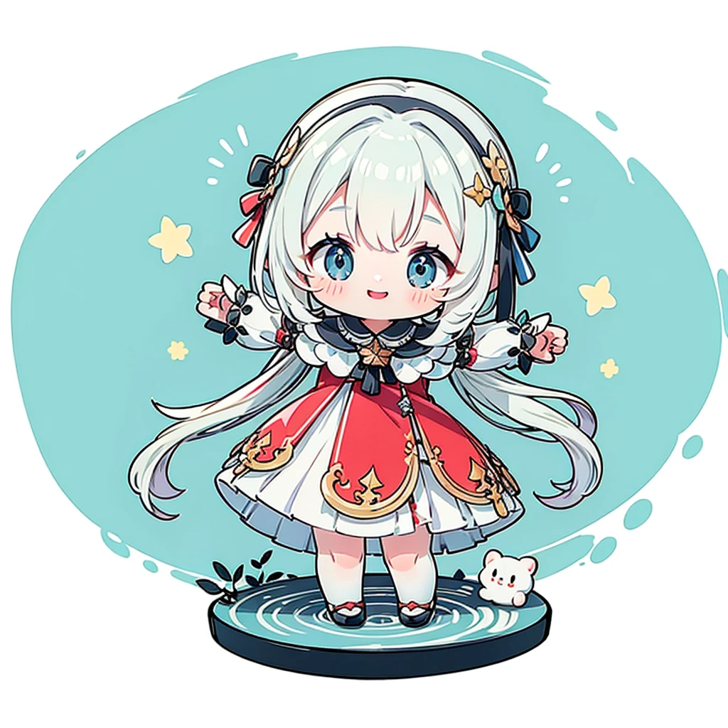 Little、cute、Highest quality、Masterpiece、Award-winning works、Full HD、Ultra-high resolution、Best aesthetics、Highest qualityの足の描写、Anime Style、Flat avatar、Milky white hair color、Long Straight Hair、Smiling, jumping and spreading his arms out in joy、Inside a circular shape、Chic black and red dress、Holographic transparent seven-color background、Sanrio Character Plush Toys、背景💛形、