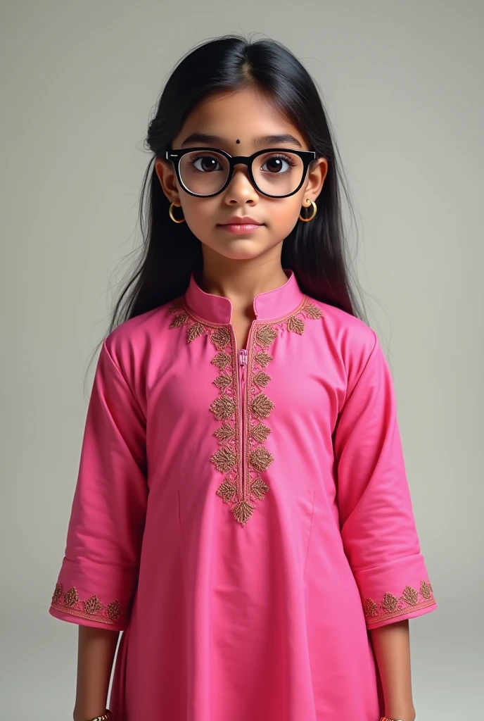 A Indian girl wearing pink kurti and wearing spectacles.