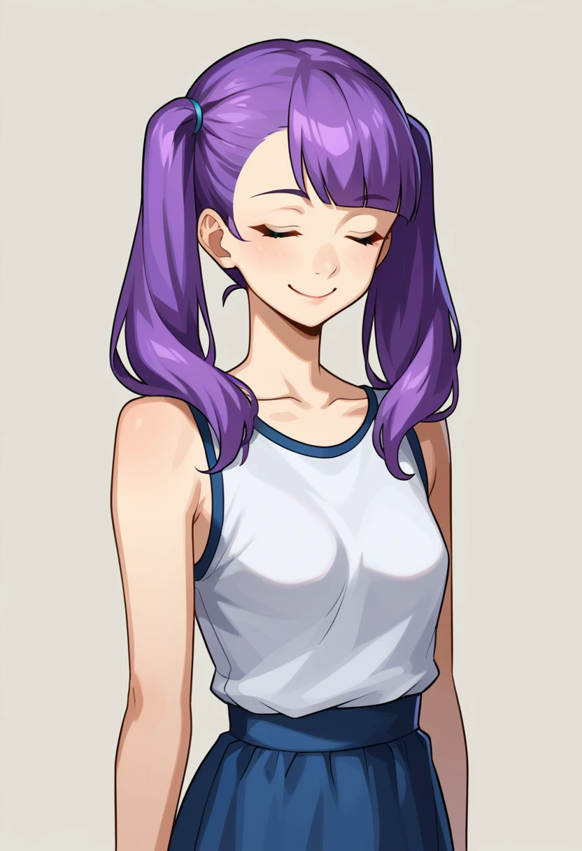 score_7_up, 1girl, solo, closed_eyes_smile, asymmetrical_bangs, twintails, purple hair, small breasts, 