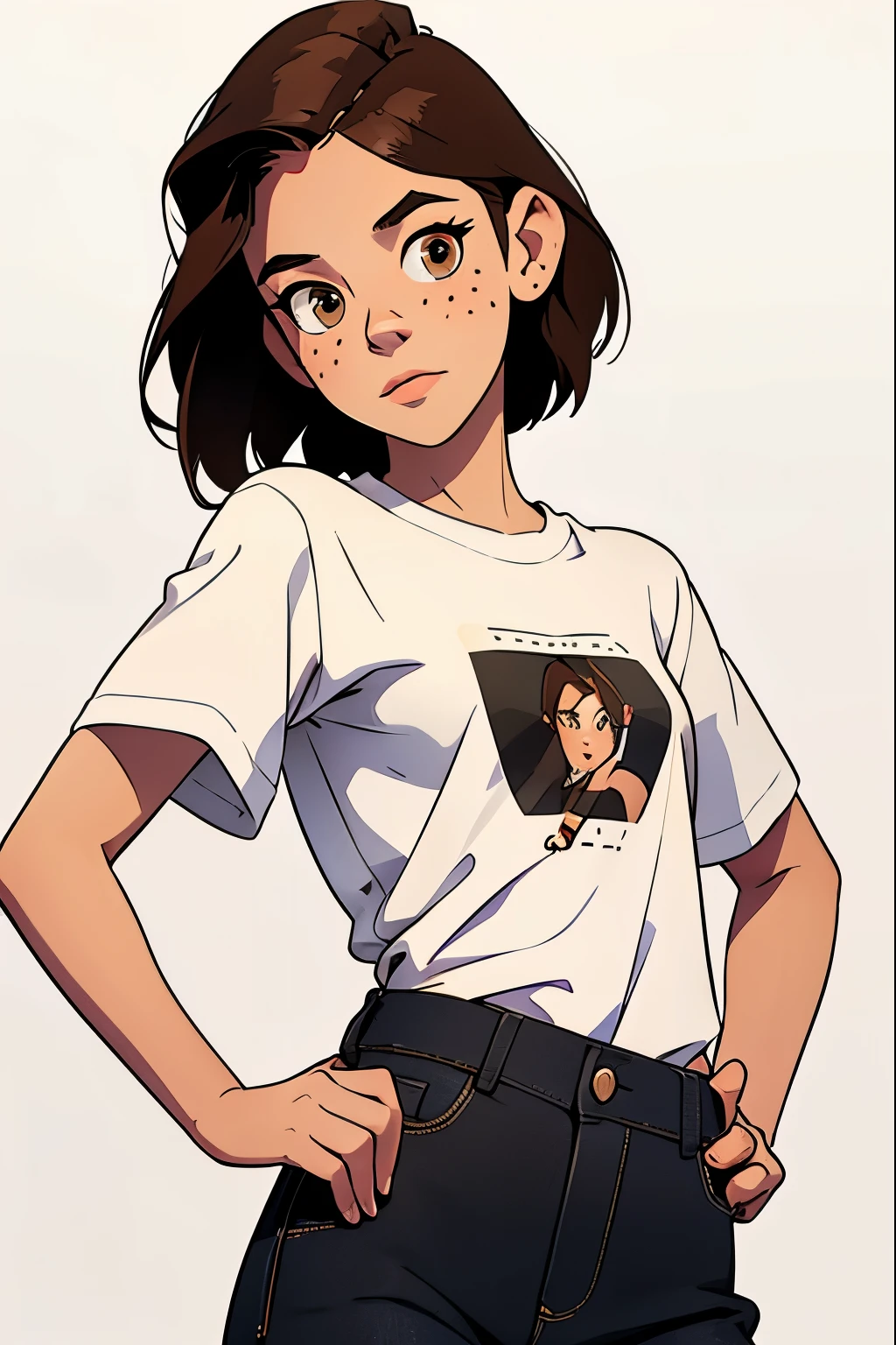 masterpiece, best quality, waist up,1girl,the highest image quality, 18-year-old teenager, looks like rachel bilson, short brown hair, brown eyes, freckles, wearing a large tshirt, White background, empty background, waist up , standing normally, RachelBilson