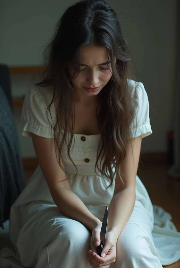 A young woman is sitting and crying, her hair is long and messy, she is wearing a white dress. The hand is holding a short knife. no shoes