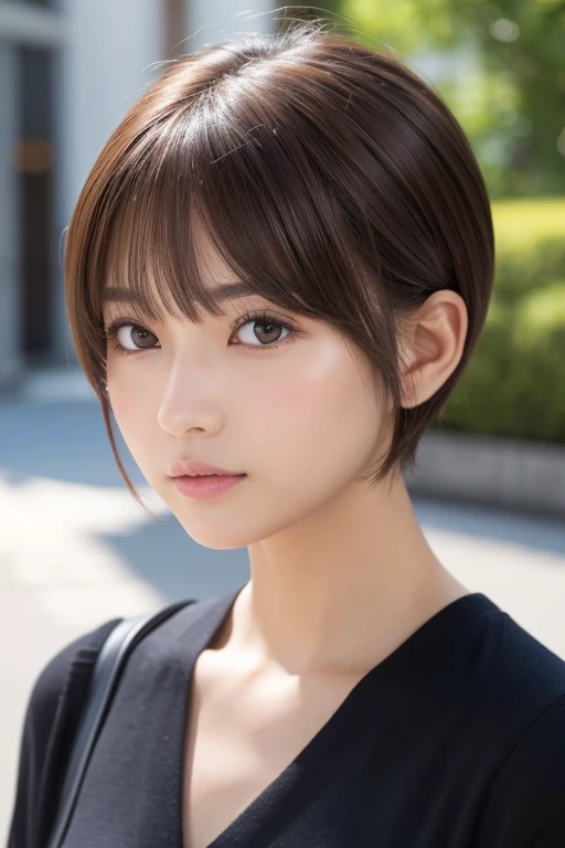 高品質in超リアルなポートレート。彼女は小さく繊細な顔立ちin、I have a slightly rounded face shape。Her expressive almond-shaped eyes have a gentle and warm gaze.、I have strong eyebrows。肌は無垢in透き通るような白さin、It has a natural shine。(Her hair is brown and pixie cut.:1.3)in、シンプルinエレガントに整えられています。メイクはナチュラルin、A light foundation and subtle blush、Uses a soft pink lip color。ライティングはソフトin自然な光を使用し、Accentuating facial features、Does not emphasize shadows。背景はシンプルinぼかしたグラデーションin、Focus on the face。