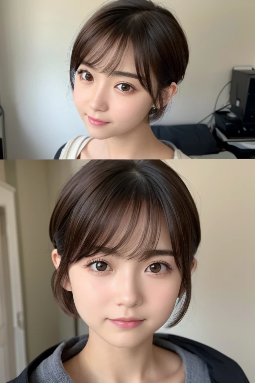 高品質in超リアルなポートレート。彼女は小さく繊細な顔立ちin、I have a slightly rounded face shape。Her expressive almond-shaped eyes have a gentle and warm gaze.、I have strong eyebrows。肌は無垢in透き通るような白さin、It has a natural shine。(Her hair is brown and pixie cut.:1.3)in、シンプルinエレガントに整えられています。メイクはナチュラルin、A light foundation and subtle blush、Uses a soft pink lip color。ライティングはソフトin自然な光を使用し、Accentuating facial features、Does not emphasize shadows。背景はシンプルinぼかしたグラデーションin、Focus on the face。