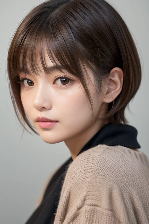 高品質in超リアルなポートレート。彼女は小さく繊細な顔立ちin、I have a slightly rounded face shape。Her expressive almond-shaped eyes have a gentle and warm gaze.、I have strong eyebrows。肌は無垢in透き通るような白さin、It has a natural shine。(Her hair is brown and pixie cut.:1.3)in、シンプルinエレガントに整えられています。メイクはナチュラルin、A light foundation and subtle blush、Uses a soft pink lip color。ライティングはソフトin自然な光を使用し、Accentuating facial features、Does not emphasize shadows。背景はシンプルinぼかしたグラデーションin、Focus on the face。