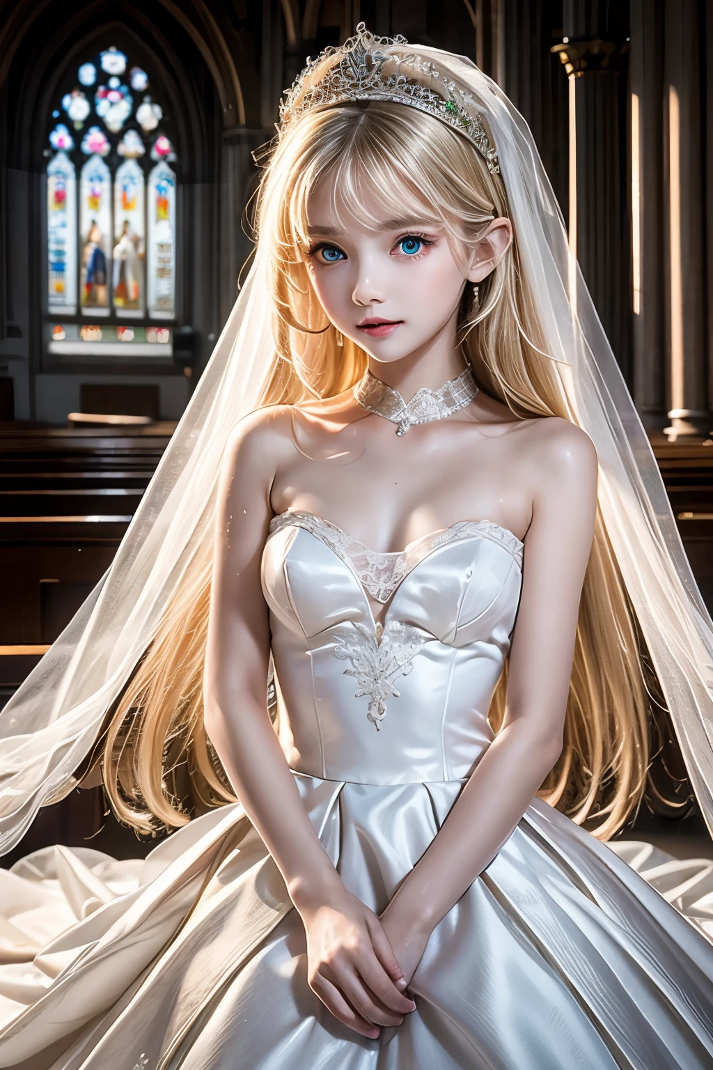 masterpiece,Highest quality,Very detailed,beautiful girl,Beautiful and gorgeous wedding dresses,Frills,bride,Silver Tiara,Blonde,A lot of gems, teenager,Perfect Face,Beautiful and detailed eyes,Green Eyes,Beautiful Skin,skinny,Small breasts,Dynamic,Majestic church facade,Lots of flowers,Petals Fall
