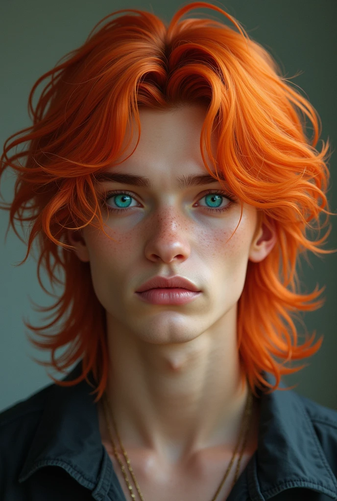 Create a young man with long orange hair. With aquamarine blue eyes