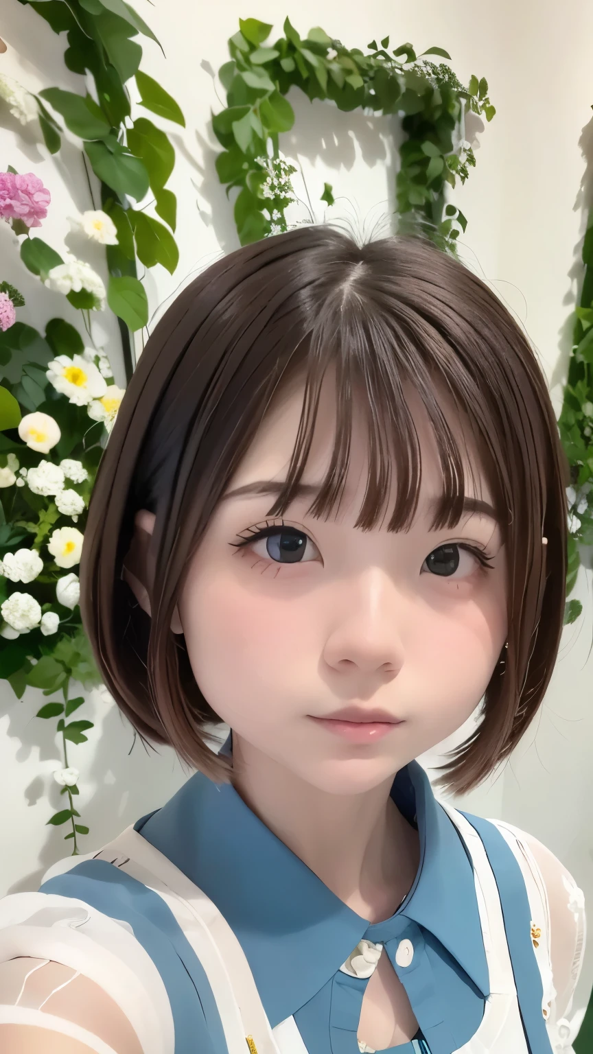 A woman standing in front of a white wall with a bouquet of flowers, short hair, LOFI Girl, Ivy, wearing blue-Green clothes, With flowers, Low quality photos, with cape, Green clothes, photo shoot, Smooth input _ With background, LOFI Girlのaesthetics, 🤤 Portrait of a Girl, beautiful!!, Wear longer, Loose-fitting clothing, Casual pose, aesthetics