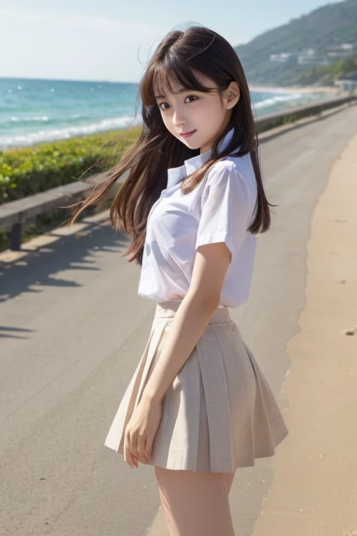 Cute Girls､high school girl､uniform､mini skirt､See-through､Fluttering in the wind､Ocean､Sandy Beach