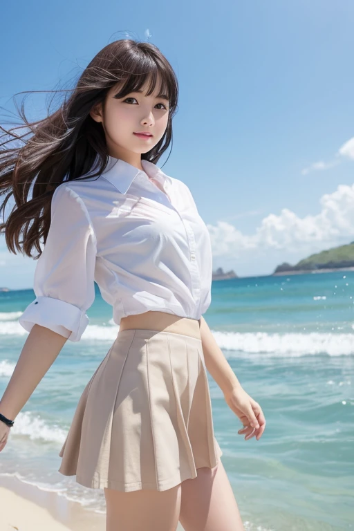 Cute Girls、high school girl、uniform、mini skirt、See-through、Fluttering in the wind、Ocean、Sandy Beach