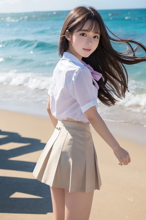 close-up , From below, top quality, masterpiece, 16 K, Photorealistic, Concept art, Beautiful cool girl squatting on the beach , Beautiful face, Beautiful medium bob hair in light brown, beautiful light brown eyes, Plump breasts, look at viewr, blush, High School Uniform, White blouse, pleatedskirt, Black socks, Sunset Sea Shore, Orange sky, Beautiful clouds,
