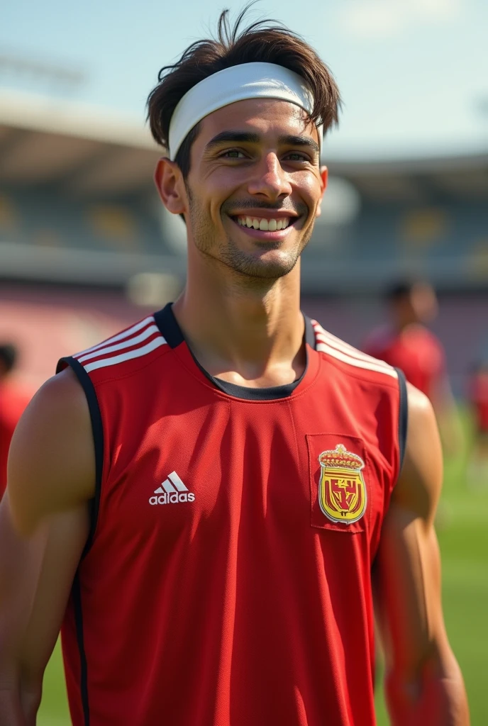 Create a football player with straight hair, combed back, wearing a thin white men&#39;s sports headband, 17 year old tall white spanish guy with happy face wearing a red training vest, in a background with a training field along with other players in the background 