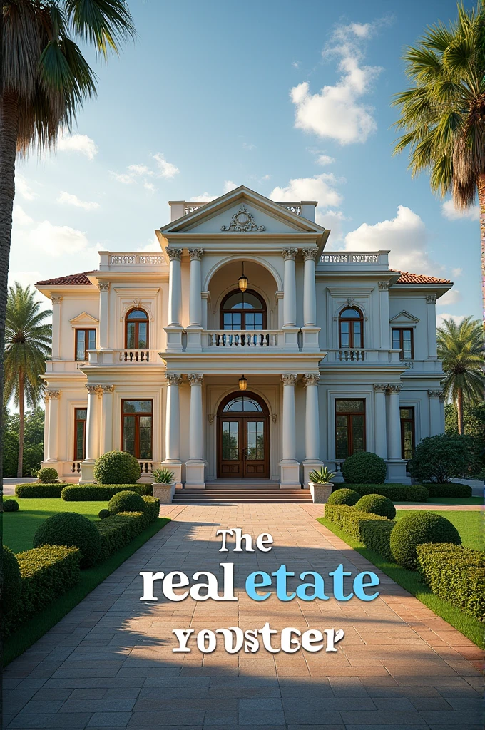An image of a large house likened to a mansion with a text that says real estate and the text is in colors